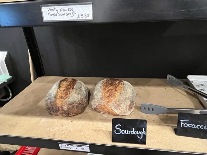 Sourdough loaves on the bakery shelf